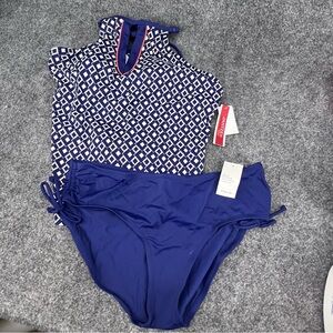NWT Jantzen Sport High Neck Keyhole Tankini Swimsuit XL Navy Blue & White